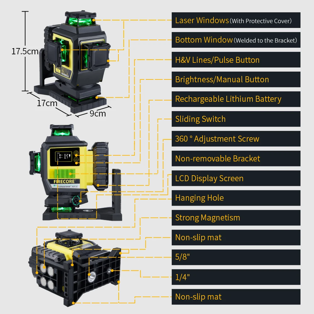 FIRECORE F95T-4G 16 lines 4D Green Laser Level 360 6600mAh Li-ion Battery Self-Leveling,X/Y axis angle display,Remote Control