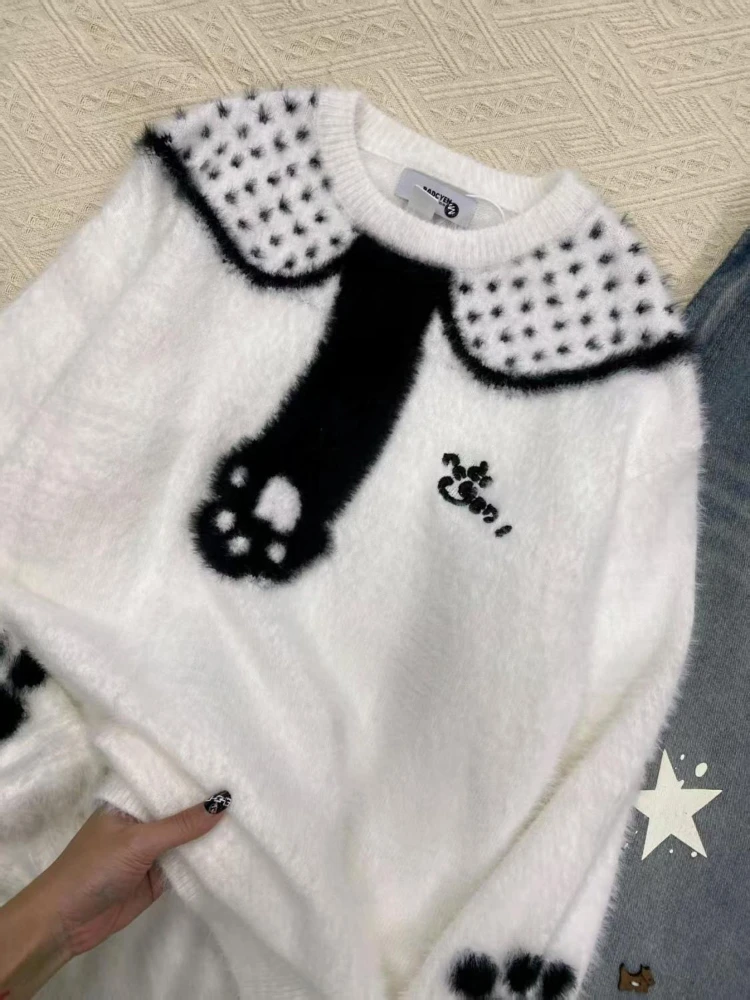 

Japanese Kawaii Long Sleeve Sweater Women Casual Cartoon Embroidery Sweet Pullover Patchwork Knitwear O-Neck Spring Autumn