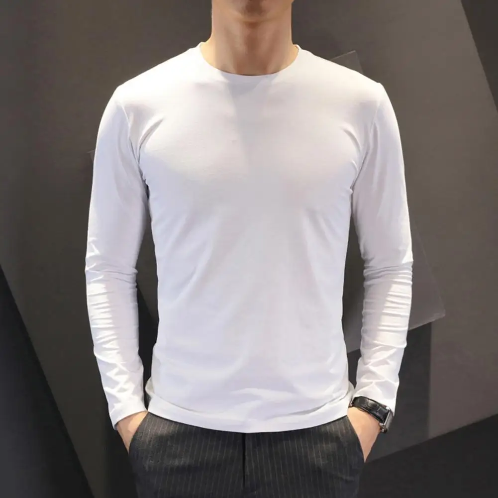 Base Layer Top Men\'s Long Sleeve Round Neck T-shirt Solid Color Top for Fall Spring Soft Breathable Mid Length Pullover