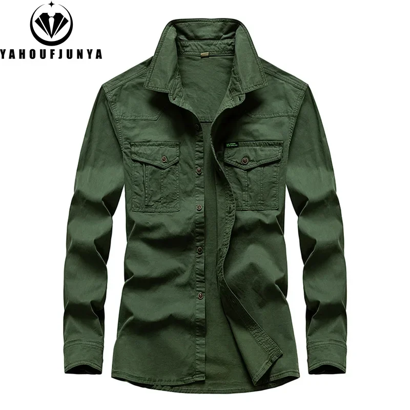 Men Spring Long Sleeve Cargo Casual Cotton Lapel Blouses Men Outdoors High-Quality Design Fashion Brand Clothing Shirt Male Coat