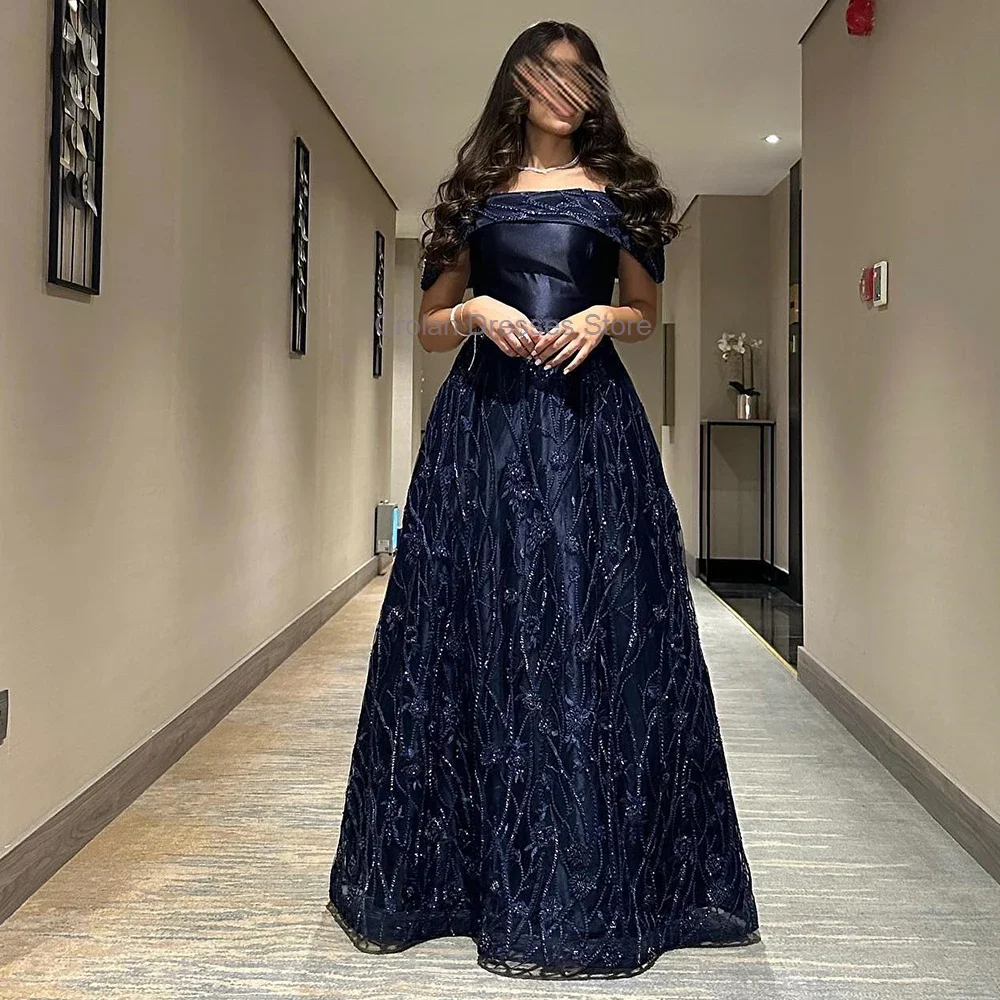 Dark Blue Boat Neck A-line Lace Evening Dress Saudi Arabia Elegant Off the Shoulder Satin Formal Party Prom Gown Appliques Dress