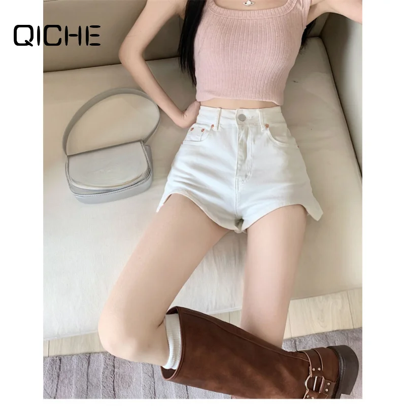 QICHE 2026 Summer Women American Sexy Denim Hot Pants, High Waist A-Line Irregular Hem Bodycon Slim Long Legs Jean Shorts