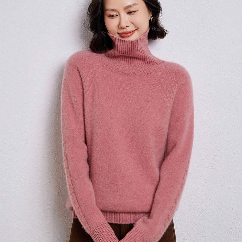 

Winter Turtleneck 100% Merino Wool Knit Pullover Women's Lapel Loose Jacquard Sweater Fashion Thicken Long-Sleeved Cashmere Tops