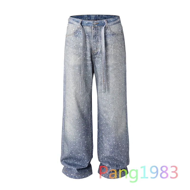 High Street Washed Loose Wide Leg Full Diamond Jeans Mężczyźni Kobiety Najwyższej jakości spodnie z prostymi nogawkami