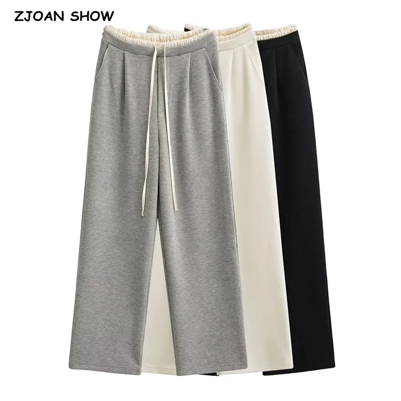 

3 colors Gray Spliced Drawstring Waist Sports Straight Wide Leg Pants Women Long Trousers Women Joggers Streetwear Sweats Pants