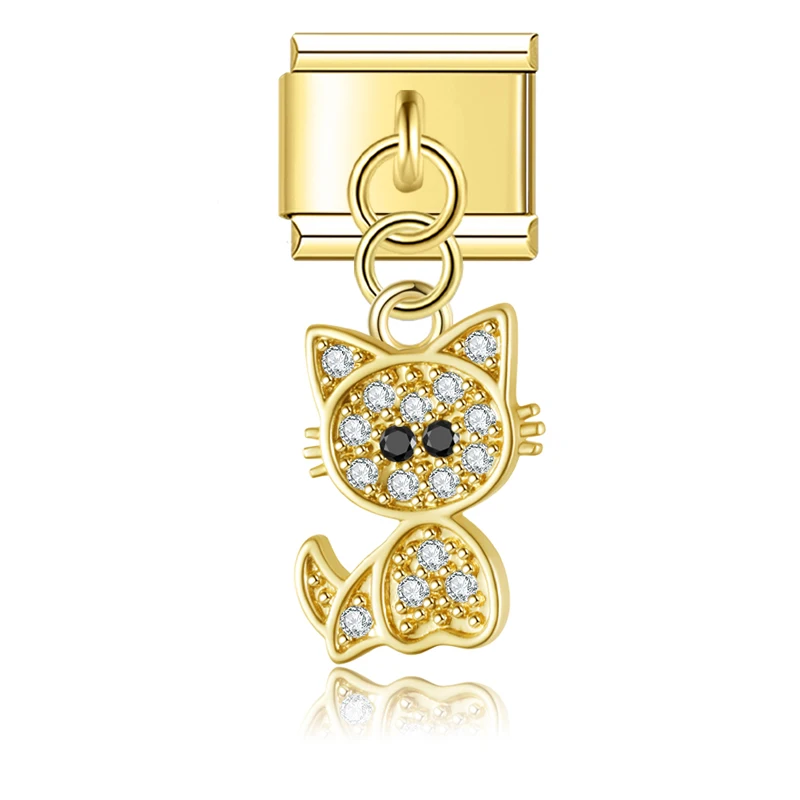 Hapiship Fashion Cute Shiny Rhinestone Cat  Italian Links Charm Fit Stainless Steel Bracelet Jewelry Making DJ036