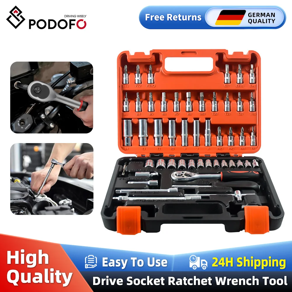 Image of Podofo 53PCs Kit di strumenti di riparazione auto Set di prese da 1/4 pollici Strumento di riparazione auto Chiave dinamometrica a cricchetto Combo Set di riparazione automatica Strumento meccanico cod004