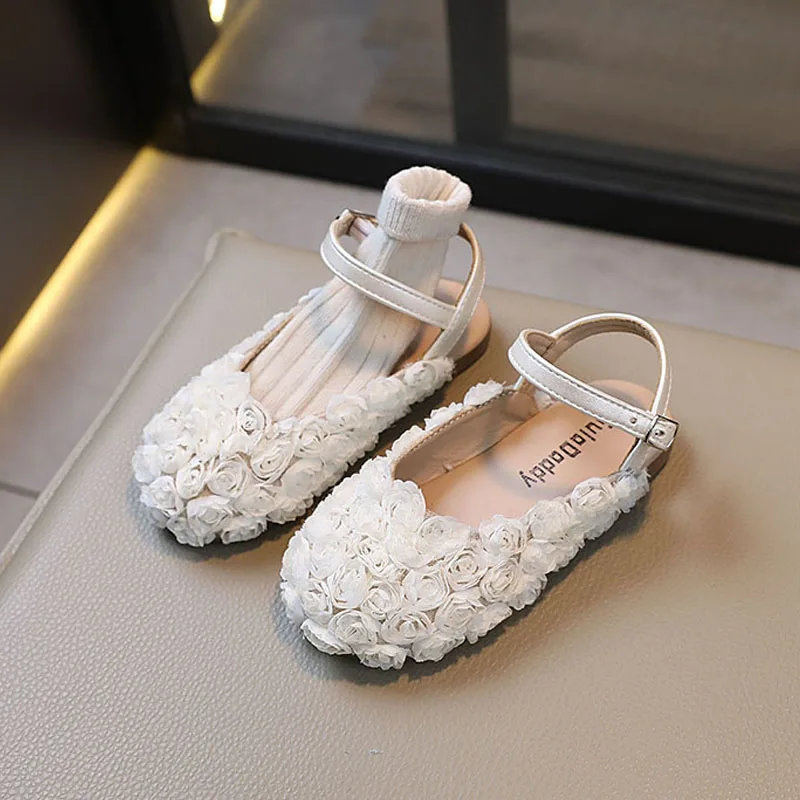 Fancy Lace Floral Slingback Sandals For Kids Brand Design Round Toe Rose Ballet Flats Child Wedding Flower Girl Shoes