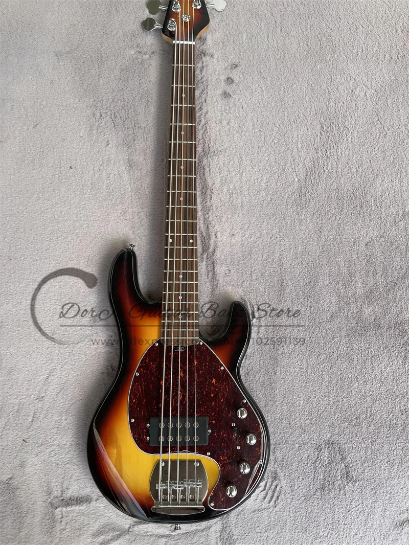 

5 Strings Bass Guitar Sunburst Body Maple Neck Rosewood Body Red Tortoise Shell Active Battery