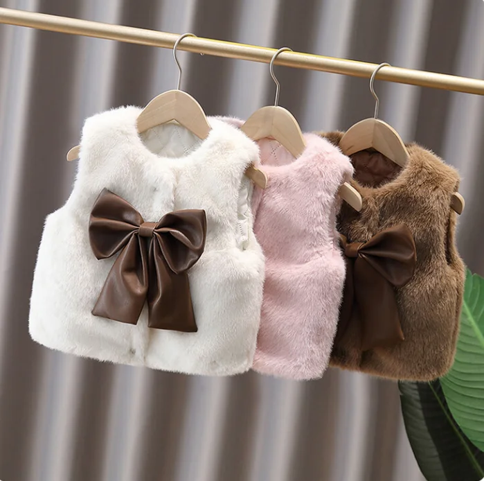 1-10Y Girls Bows Faux Fur Vest Waistcoat Teens Kids Thickened Warm Velvet Cotton Tops Jacket Outwear for Children's Clothing