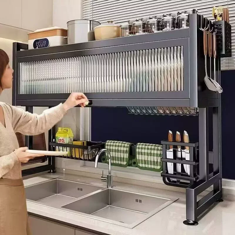 Nordic Household Kitchen Storage Holders Multifunctional Kitchen Sink Dish Drying Racks Dustproof Cupboard Kitchen Accessories