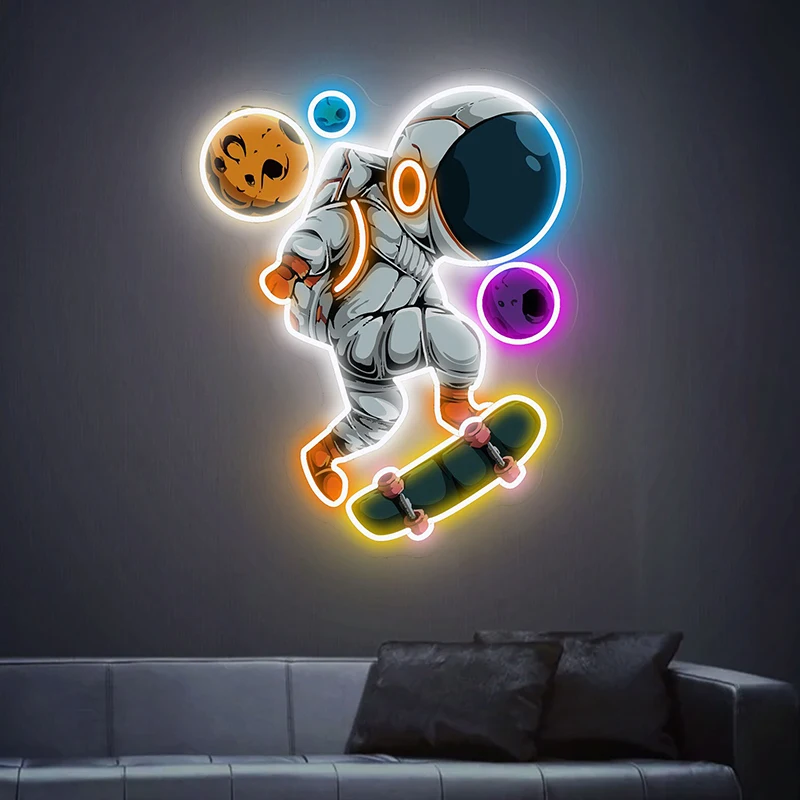 Astronaut Leucht reklame Skateboard Leucht reklamen Raumfahrer spielen Skateboard führte Neon UV-Druck Acryl Schlafzimmer Wand kunst Dekor Licht