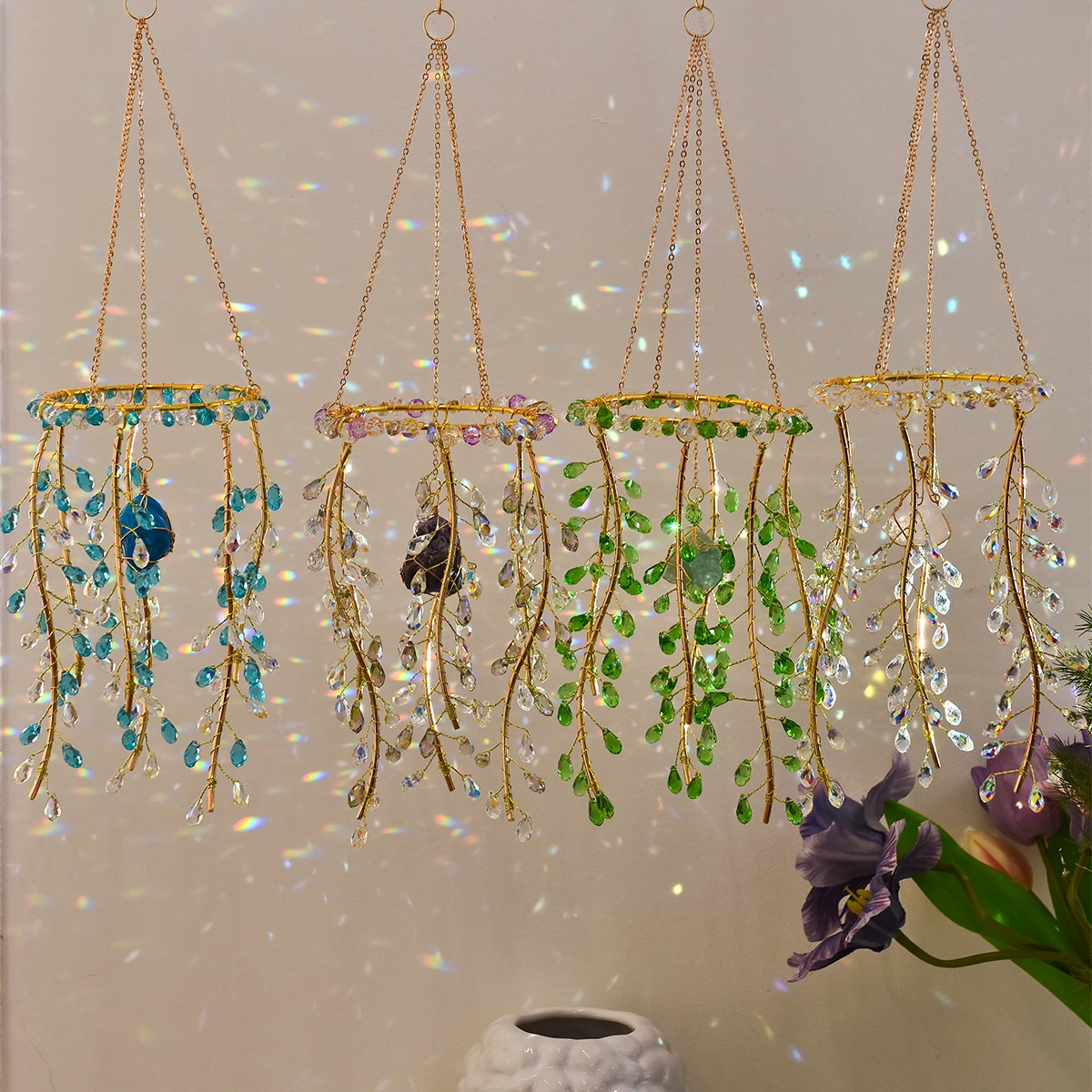 

Crystal Wind Chimes Artificial Willow Branch Suncatcher Natural Crystal Raw Stone Garden Hanging Decoration Pendant Home Decor