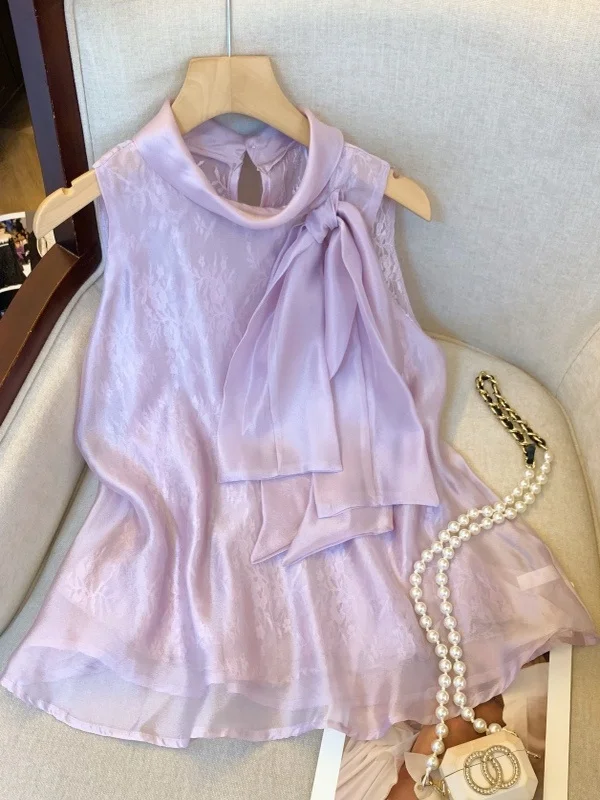 

Женский летний топ Pure Desire Purple Knot Vest из шифона премиум-класса, без рукавов, с юбкой, свободного кроя, с круглым вырезом, стандартной длины