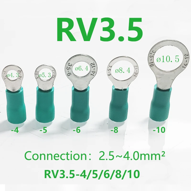 30PCS Crimp Terminal RV3.5-4/5/6/8/10 Insulated Ring Connector Terminal AWG14-12 Tubular Cable Lug Wire Insert 2.5-4.0mm² Max37A