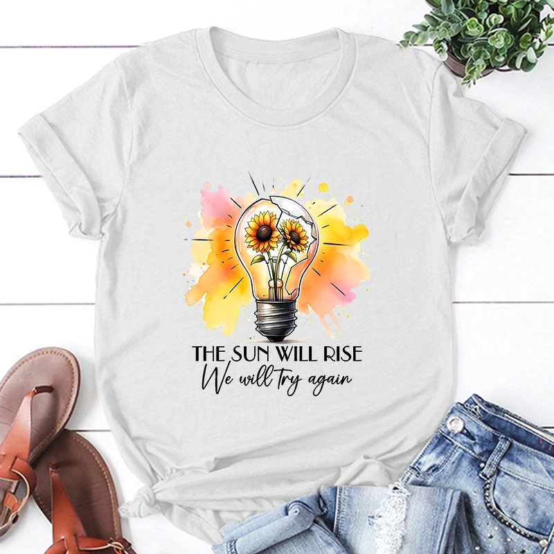 Men Women Fashion Funny The Sun Will Rise We Will Try Again Letter Print T Shirt Summer Unisex Loose Casual Plus Size Graphic T