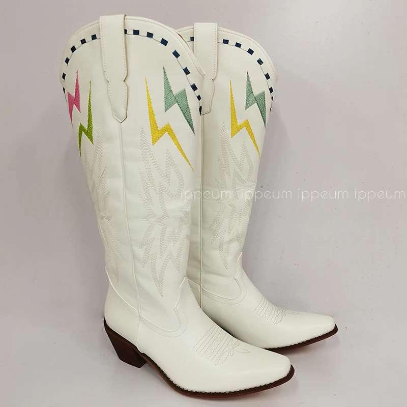 IPPEUM Knee High Cowboy Boots Women With Embroidery New Fashion Free Shipping White Cowgirl Boots For Wedding Western Shoes