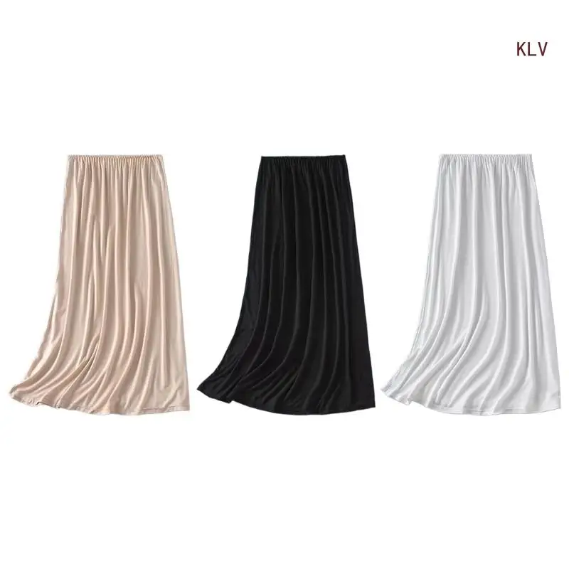 Womens Half Slip Long Underskirt Elastic Waist Solid Color Petticoat Basic Safety Half Skirt for Under Dresses Innerwear