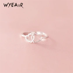 WYEAIIR 925 Sterling Silver Sweet Romantic Openwork Zircon Two Hearts Resizable Opening Ring For Women Luxury Jewelry
