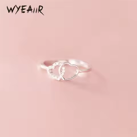 WYEAIIR 925 Sterling Silver Sweet Romantic Openwork Zircon Two Hearts Resizable Opening Ring For Women Luxury Jewelry