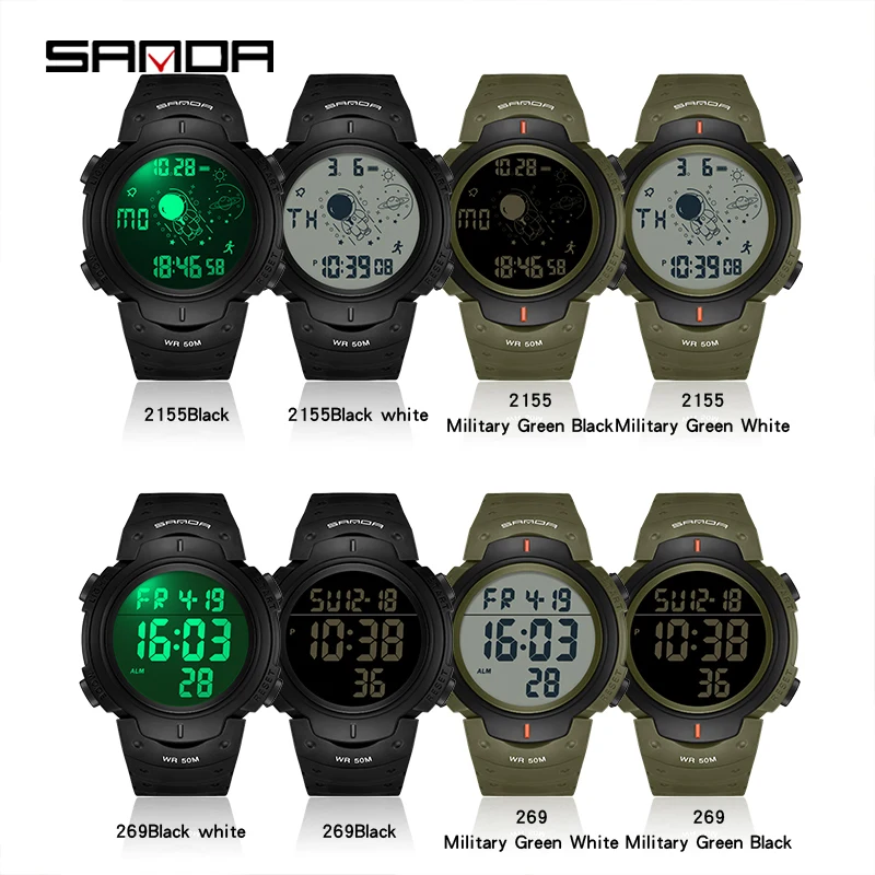 SANDA 2155 New Digital Men Sports Watch LED Luminous Wristwatches Boy Electronic Waterproof Brand Student Stop Watches 269