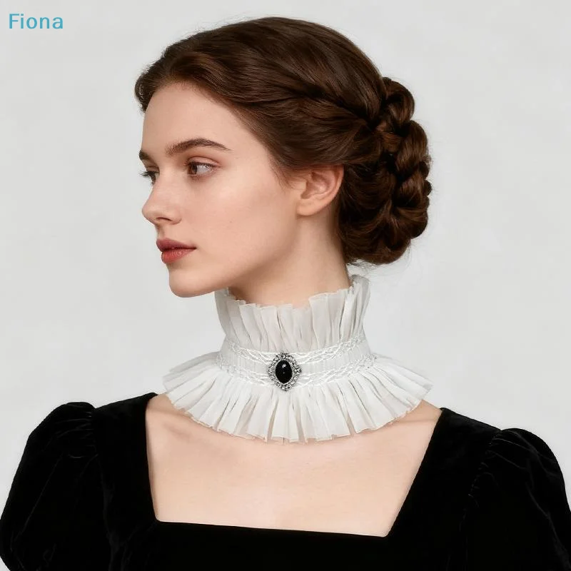☭Neck Jewelry Ruffle Gothic Collar Black White Victorian Style Lace Jabot Collar Gem Decorated Cosplay Collar Costume Parties