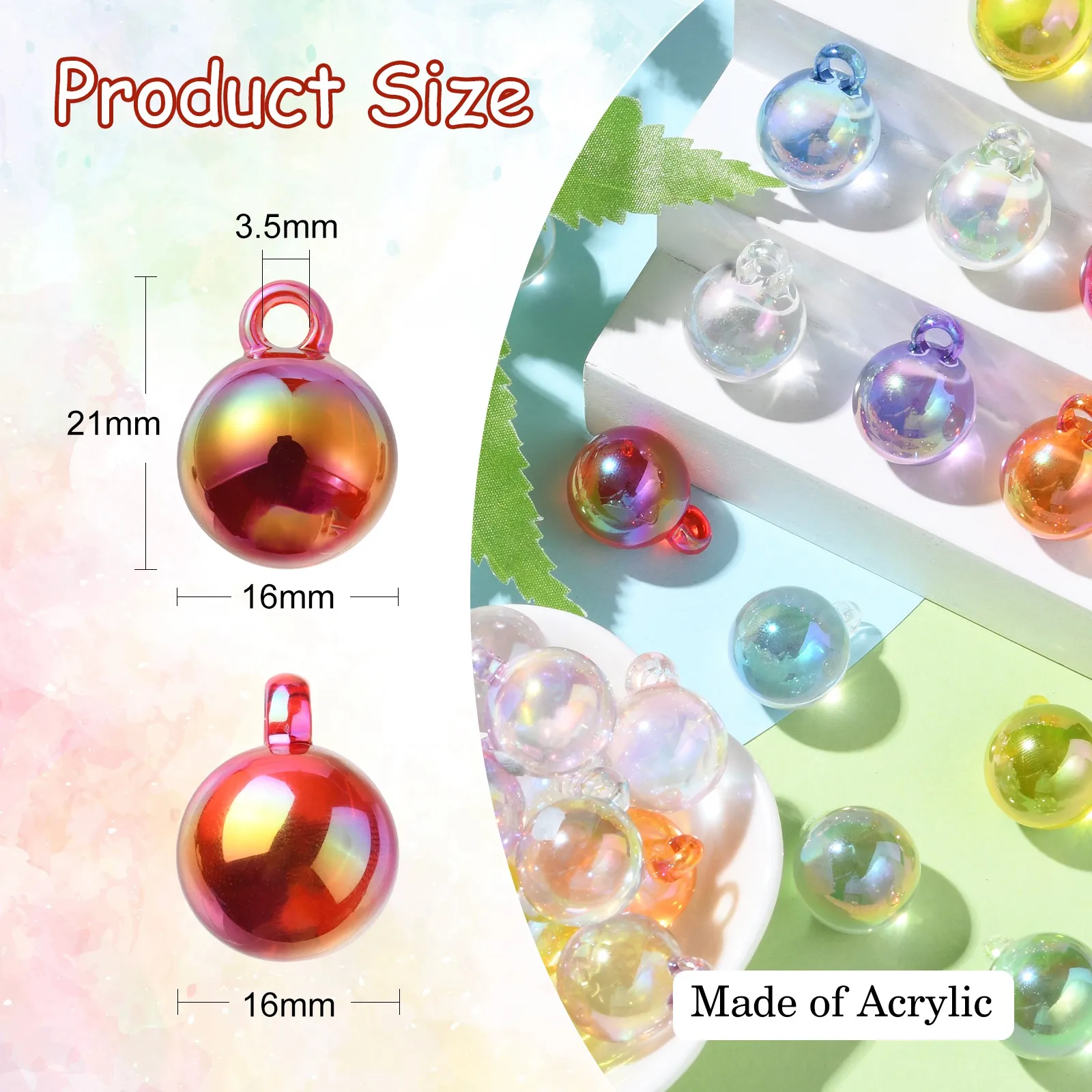 100Pcs 10 Colors Rainbow Iridescent Transparent Acrylic Round Charms Pendants Round Ball Charms for DIY Jewelry Crafting