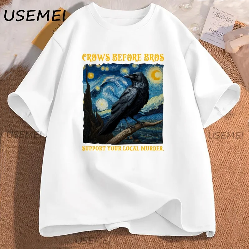 

Crows Before Bros T-Shirt Funny Raven Halloween T Shirt Crow Lover Tees Vintage Van Gogh Style Printed Tshirt Cotton Clothing