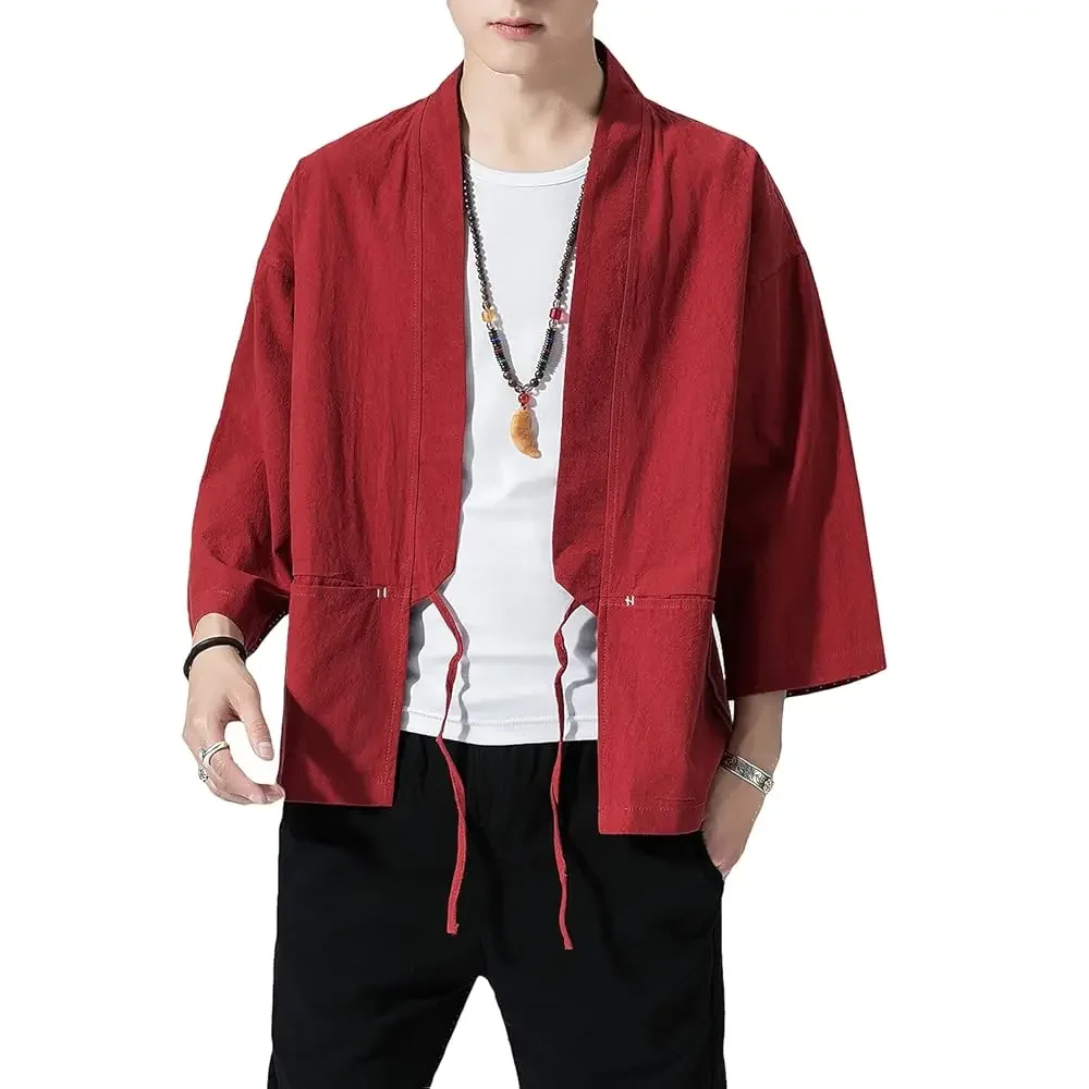 

Men's Kimono Jackets Cardigan Lightweight Casual Cotton Blends Linen Seven Sleeves Open Front Coat Outwear
