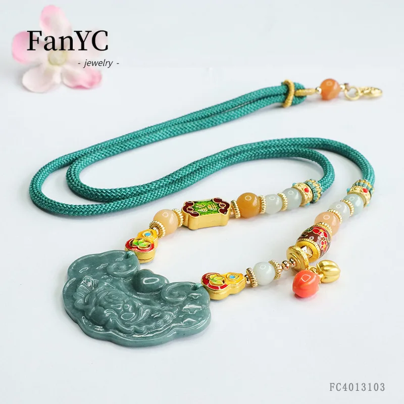 

Natural Jadeite Blue Water Flowers Blooming Rich Pendant Hand-carved Ethnic Style Ice Jade Necklace Men and Women Holiday Gift