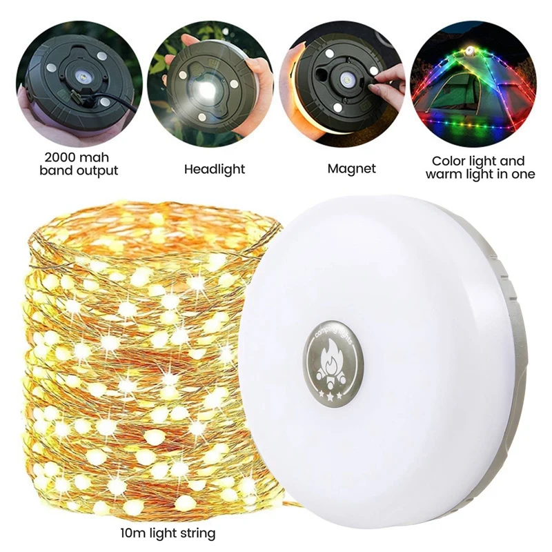 NEW-LED Camping Lights USB Rechargeable Colorful Warm Light 2-In-1 10M String Light Tape Measure Ambience Camping Tent Light