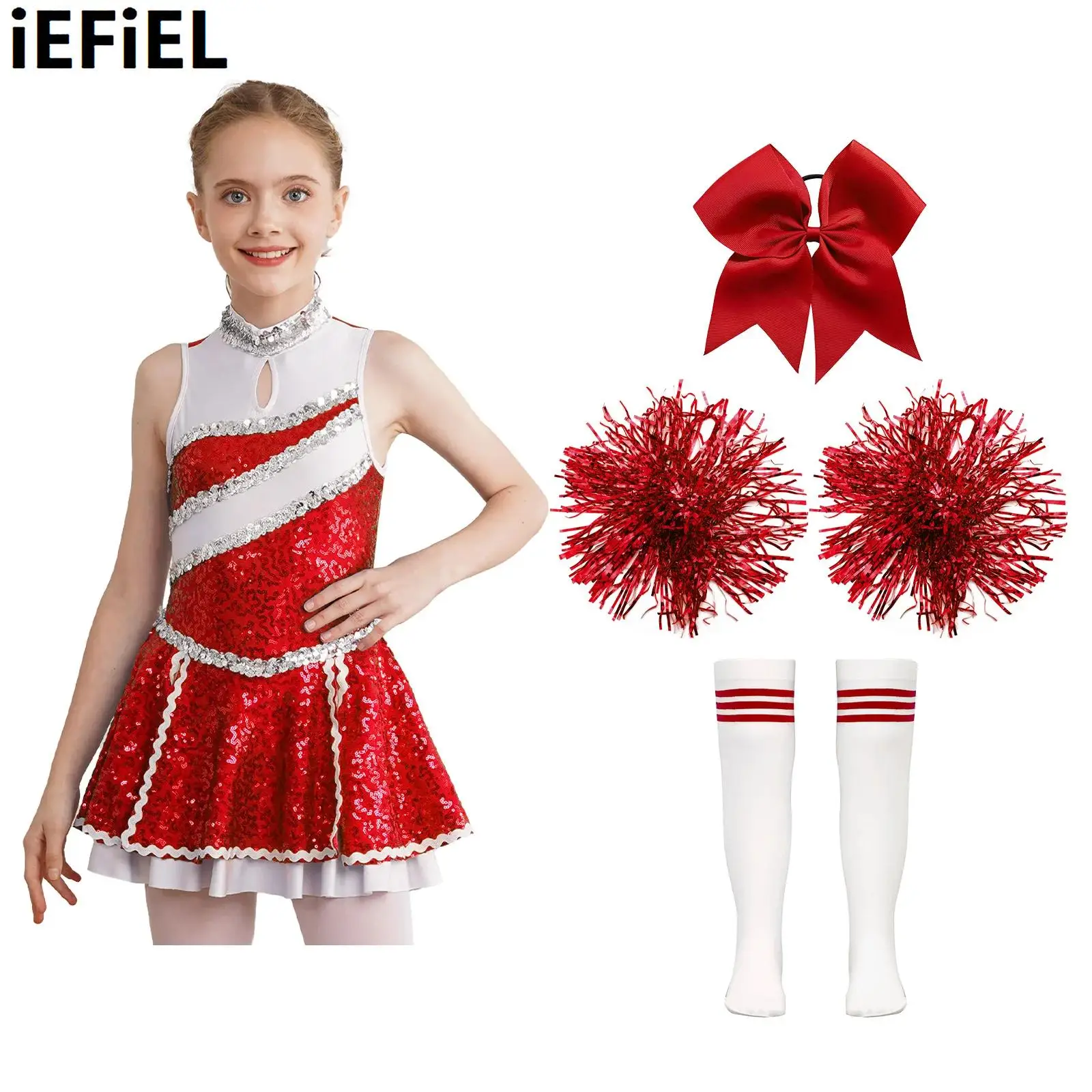 

Kids Girls Cheerleading Dance Sets Shiny Sequins Patchwork Invisible Zipper Back Dress with Headwear Hand Flowers Striped Socks