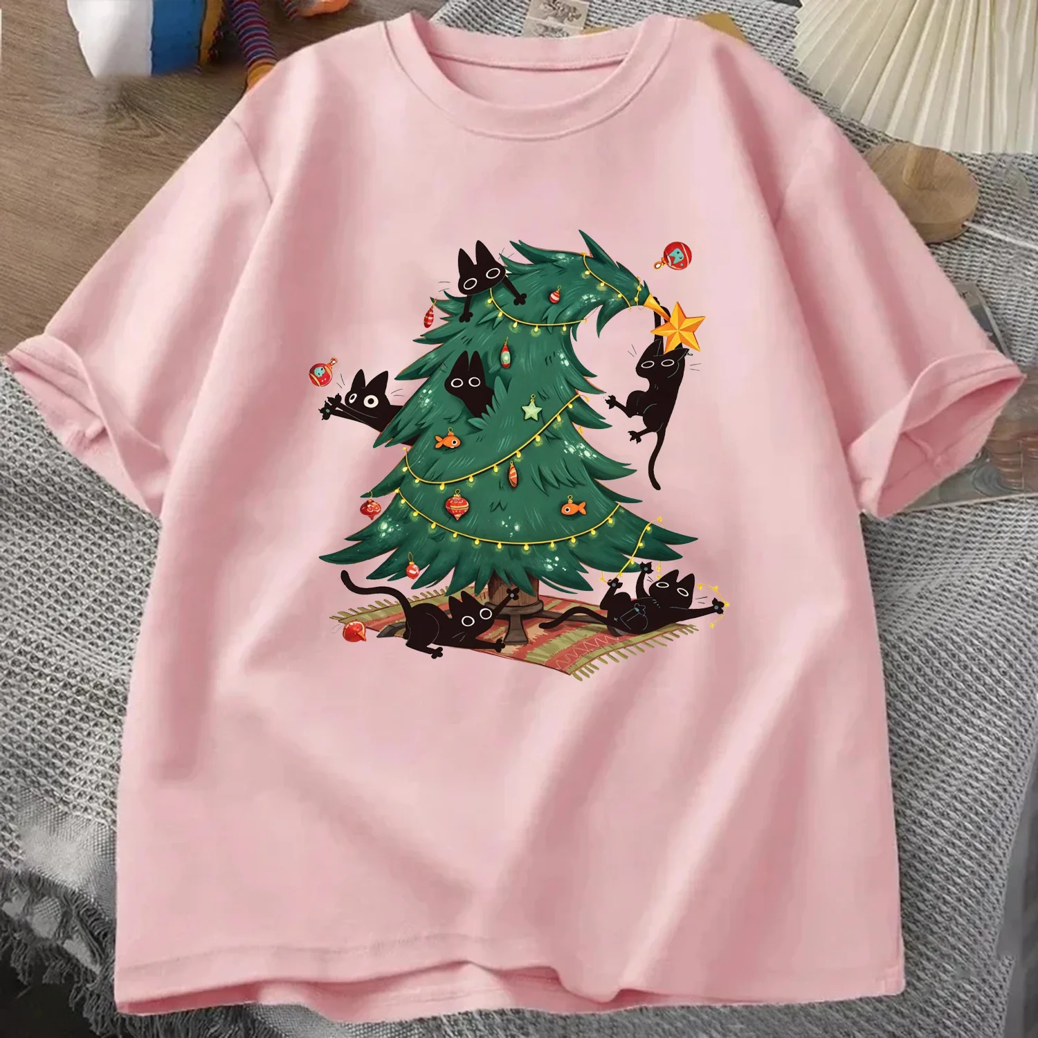 Christmas Tree and Cat T-Shirt Summer Men's Tracksuit Round Neck Pullover Short-sleeved Tops Cotton Casual Fashion Streetwear