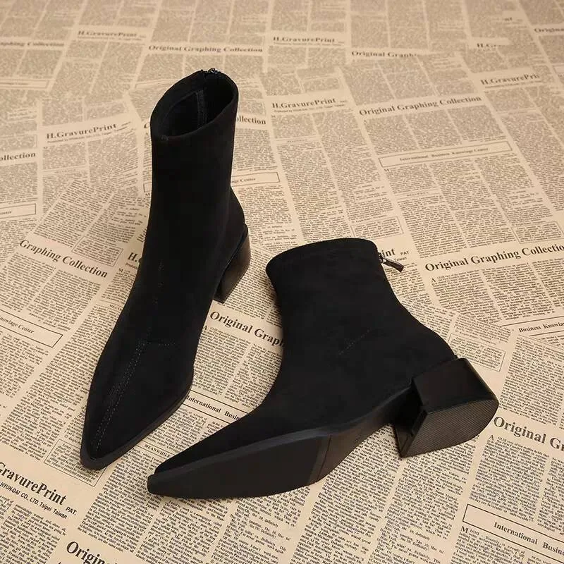 New Low Heel Women Mordern Ankle Boots Fashion Pointed Toe Party Dress Shoes Female Vintage Slim Short Booties view 5