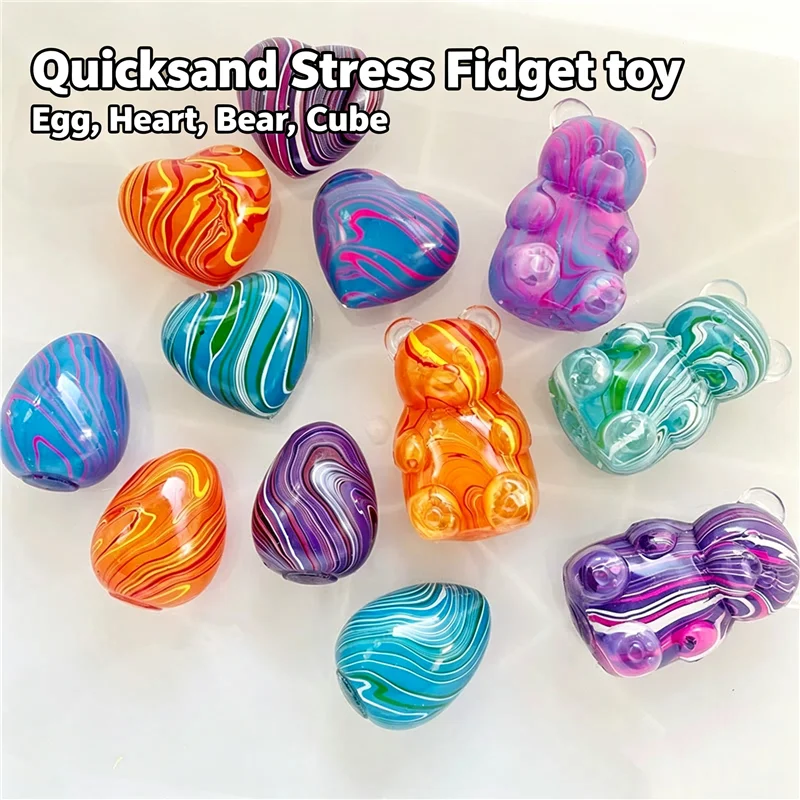 Trendy Marbled Swirl Maltose Squish Squeeze Toy Bear Heart Egg Cube Shaped Fidget Toy Stress Relief Sensory Toy For Autism ADHD
