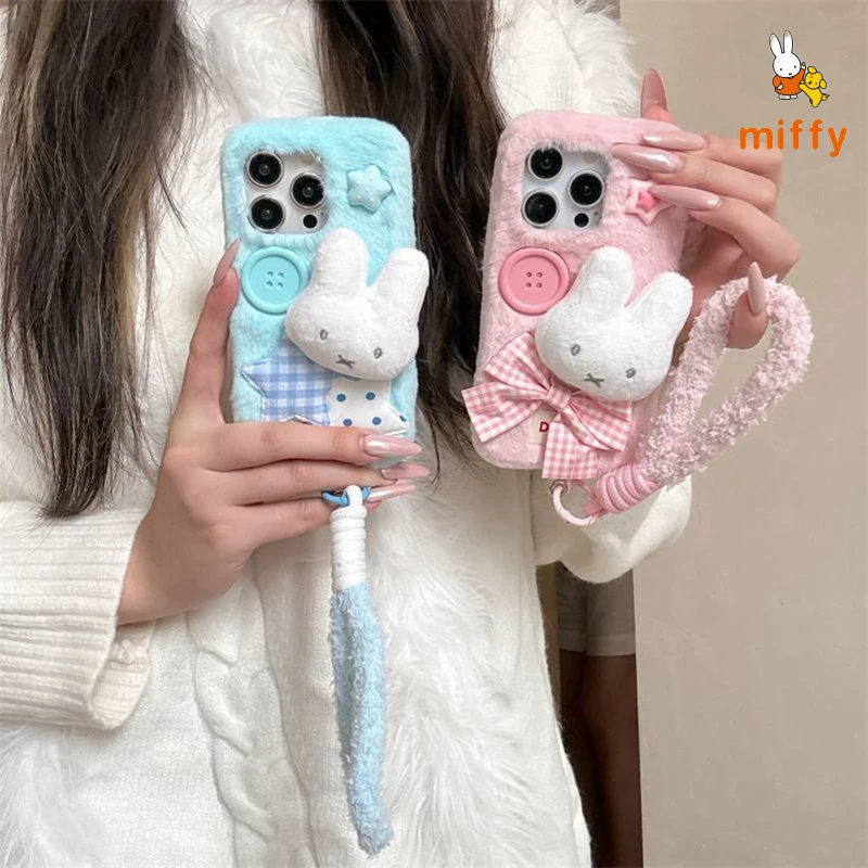 

Корпус для телефона Kawaii Miffy подходит для Iphone 17, 16, 15, 14, креативный плюшевый чехол с защитой от падения и ремешком, идеальные подарки