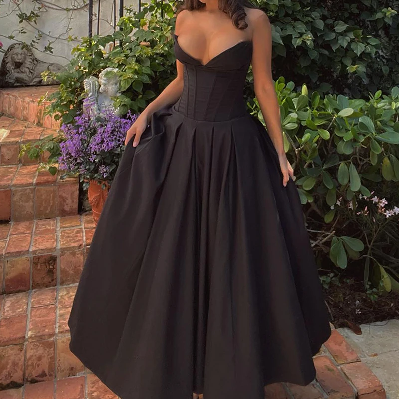 Elegante Mouwloze Off Shoulder Avondjurk Mode Solide Fishbone Corset Plooi Prom Gown Sexy Strapless Verjaardagsfeestjurk