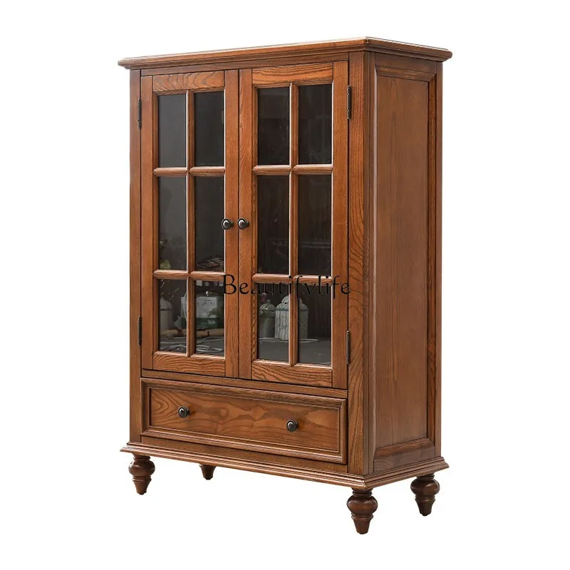 

American Rural Double Door Wine Cabinet Solid Wood Glass Multifunctional Locker