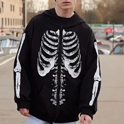 Y2K Gothic Skeleton Sweatshirt Oversized Hoodie Men Autumn Zip Up Long Sleeve Coat Top Male 90s Vintage Harajuku Grunge Clothes