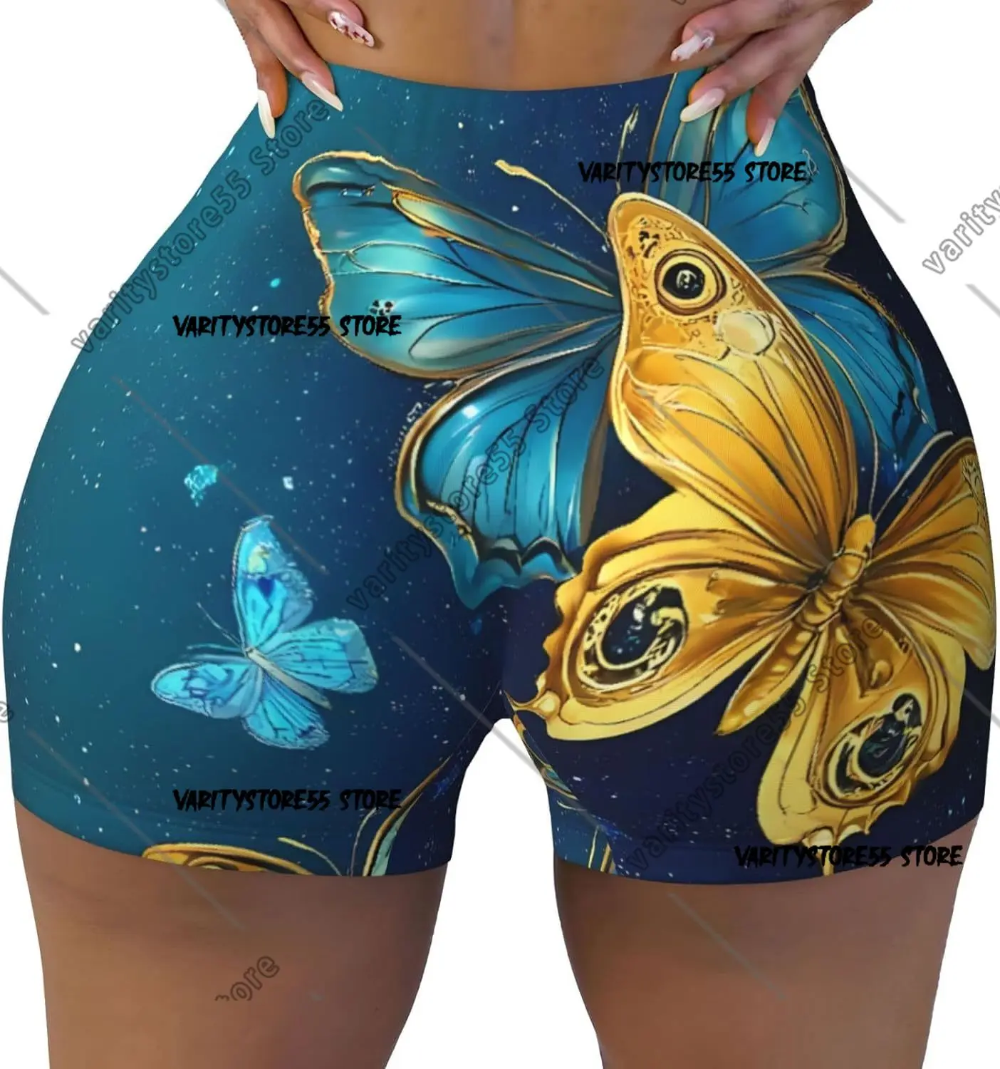 شورت للتمرين على شكل فراشات ذهبية زرقاء للنساء، شورت لراكبي الدراجات اليوغا، شورت كونتور لرفع الأرداف