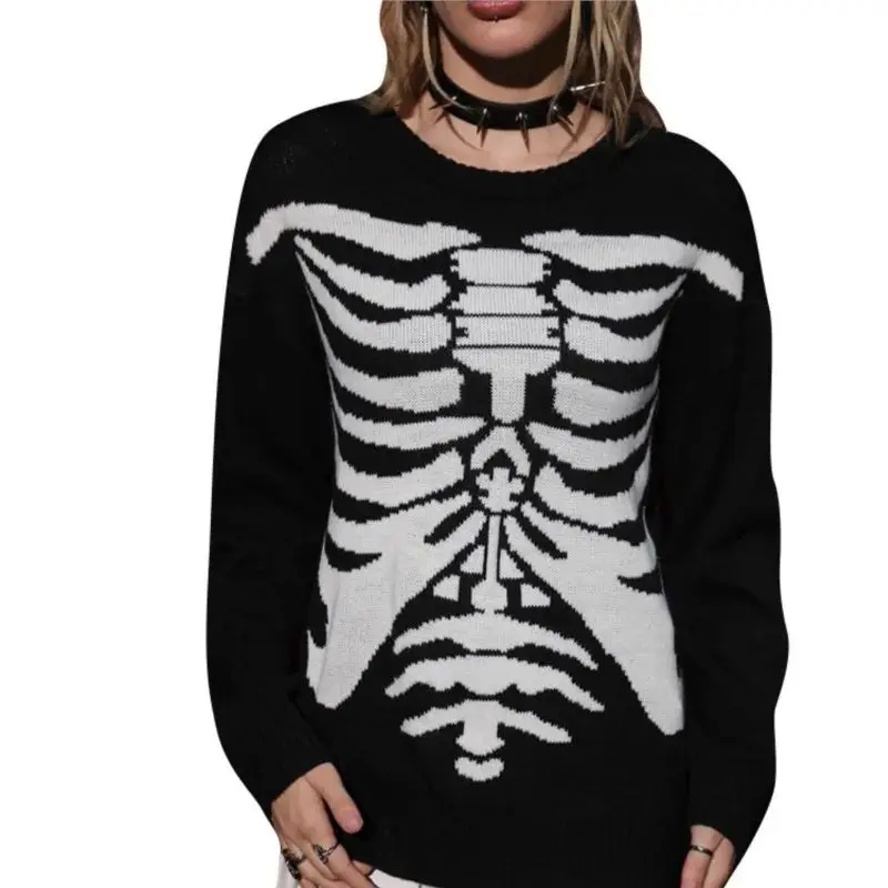

loween Pullover Knitted Sweater k Subculture Skull Design Cleanfit Sle Women's ort Outerwear Winter 206 Collection