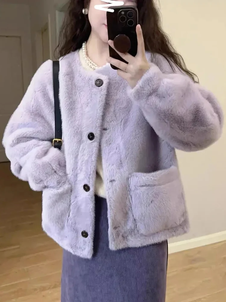 Purple Retro Faux Lamb Coats Women Sweet Long Sleeve O Neck Elegant Jacket Korean Vintage Winter Warm Female Pocket Outwear Tops