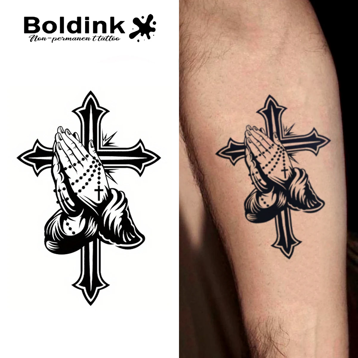 Boldink betende Hände mit überkreuztem temporärem Tattoo, letzt bis 15 Tage, neue Technologie, magischer, wasserfester, semi-permanenter Aufkleber.