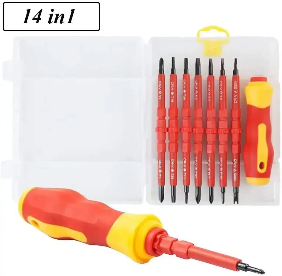 HILIXUN 14/Pcs VDE Insulated Screwdriver Set Slotted Phillips Screw Driver Bits Kit With Tester Pen Electricians Hand Tools