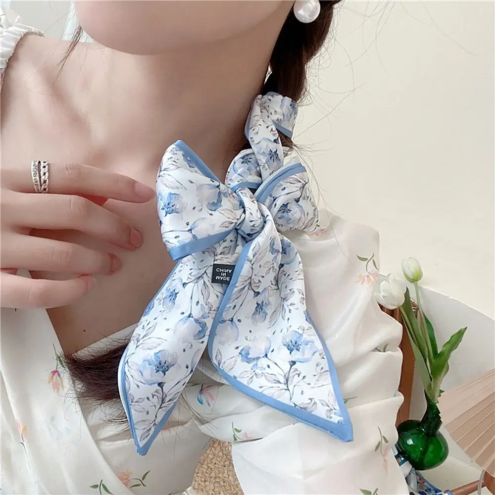 Vintage French Pastoral Style Hair Tie Rose Plum Blossom Silk Scarf Headband Bag/Hair Accessories Bag Strap Women Girls