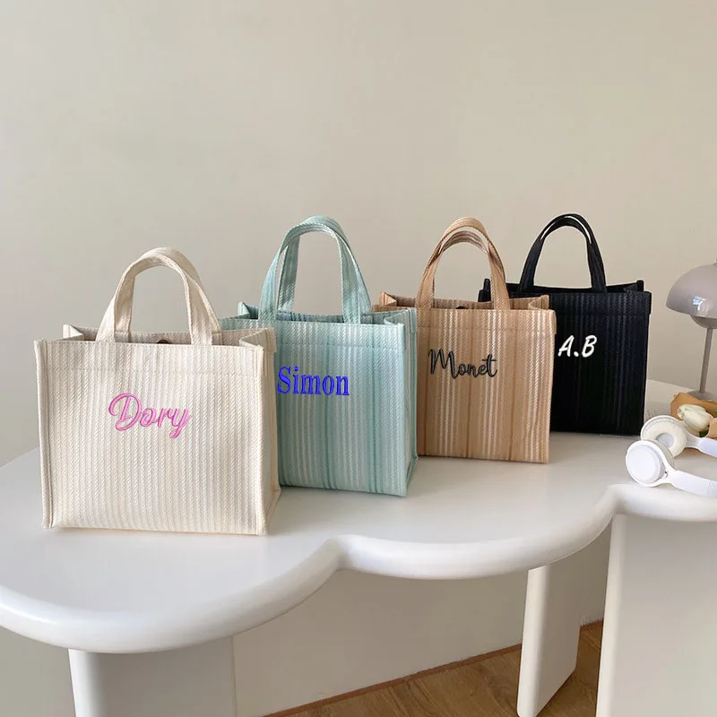 Custom Logo Canvas Tote Women's Bag Personalized Embroidered Stripe Large Capacity Bento Bag Shoulder Women's Bag