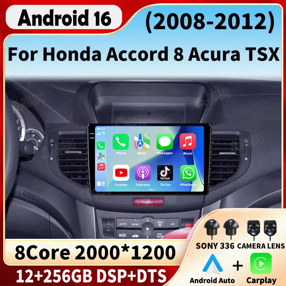 Radio para Auto con Android 16 para Honda Accord 8 y Acura TSX 2008-2012, Sistema Multimedia GPS, Navegación, Reproductor de Video, Pantalla con Carplay