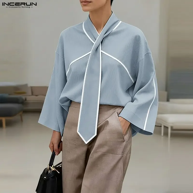 

INCERUN Men Shirt Patchwork Loose Long Sleeve Casual Men Clothing With Tie Spring 2026 Fashion Leisure Male Tops Camisas S-5XL