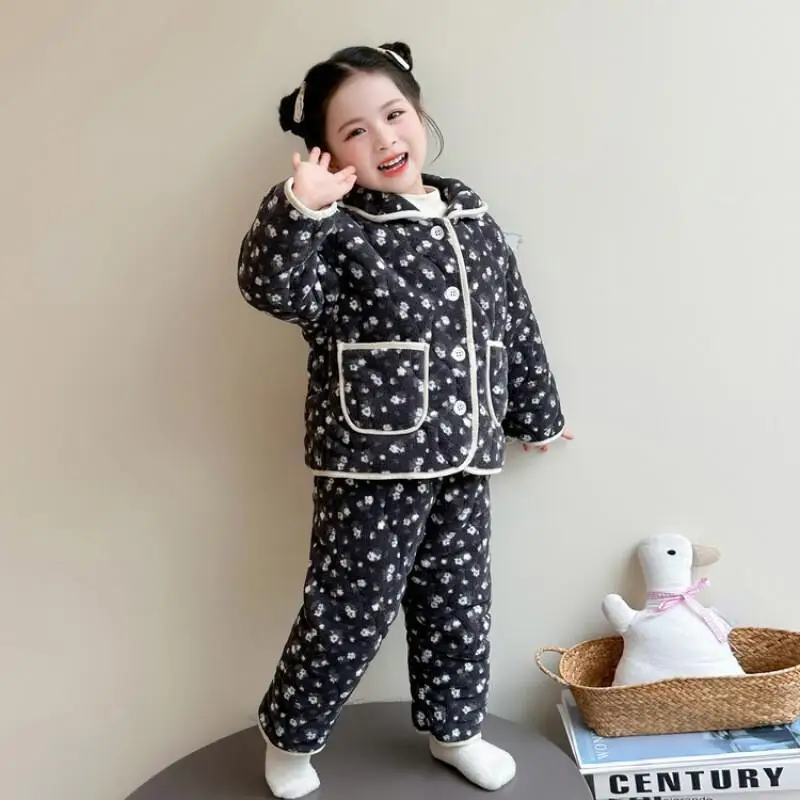 Girl Three-Layer Cotton Padding Pajamas Two-Piece Set Winter Thicken Tops Pants Homewear Keep Warm Child Kawaii Casual Clothing
