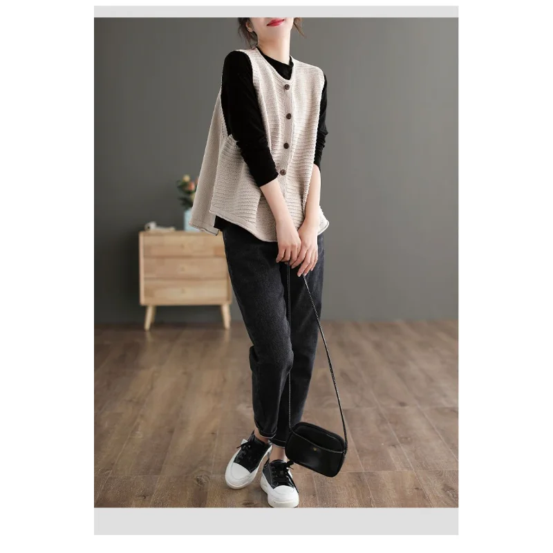 Damska, nowa, szyta kamizelka z okrągłym dekoltem, zapinana na guziki, modna, w jednolitym kolorze, luźna, uniwersalna, dzianinowa bluzka bez rękawów.